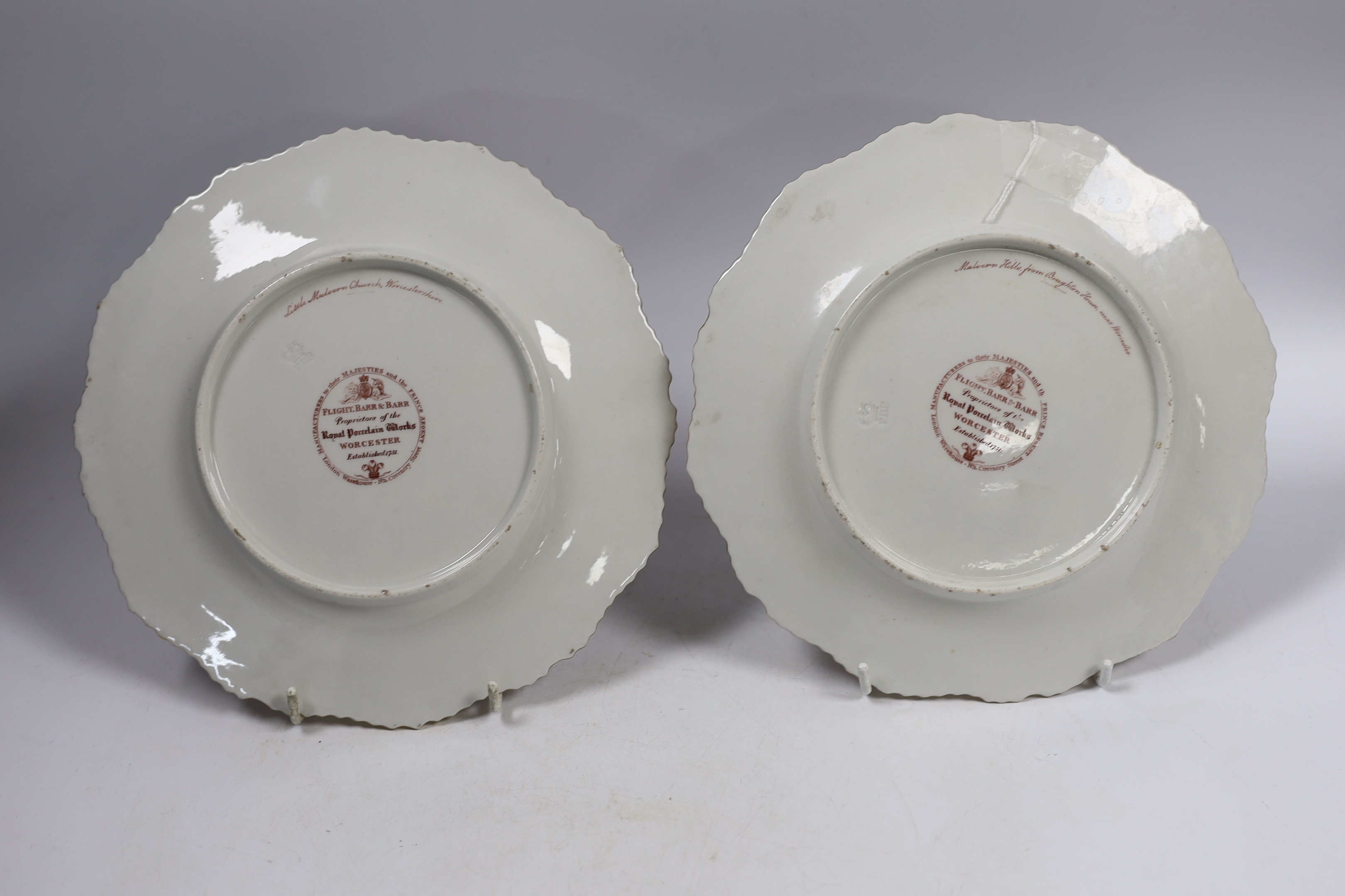 A pair of Flight, Barr & Barr Worcester named topographical plates, c.1820, views of Malvern Hills from Boughton House and Little Malvern Church, 23cm diameter